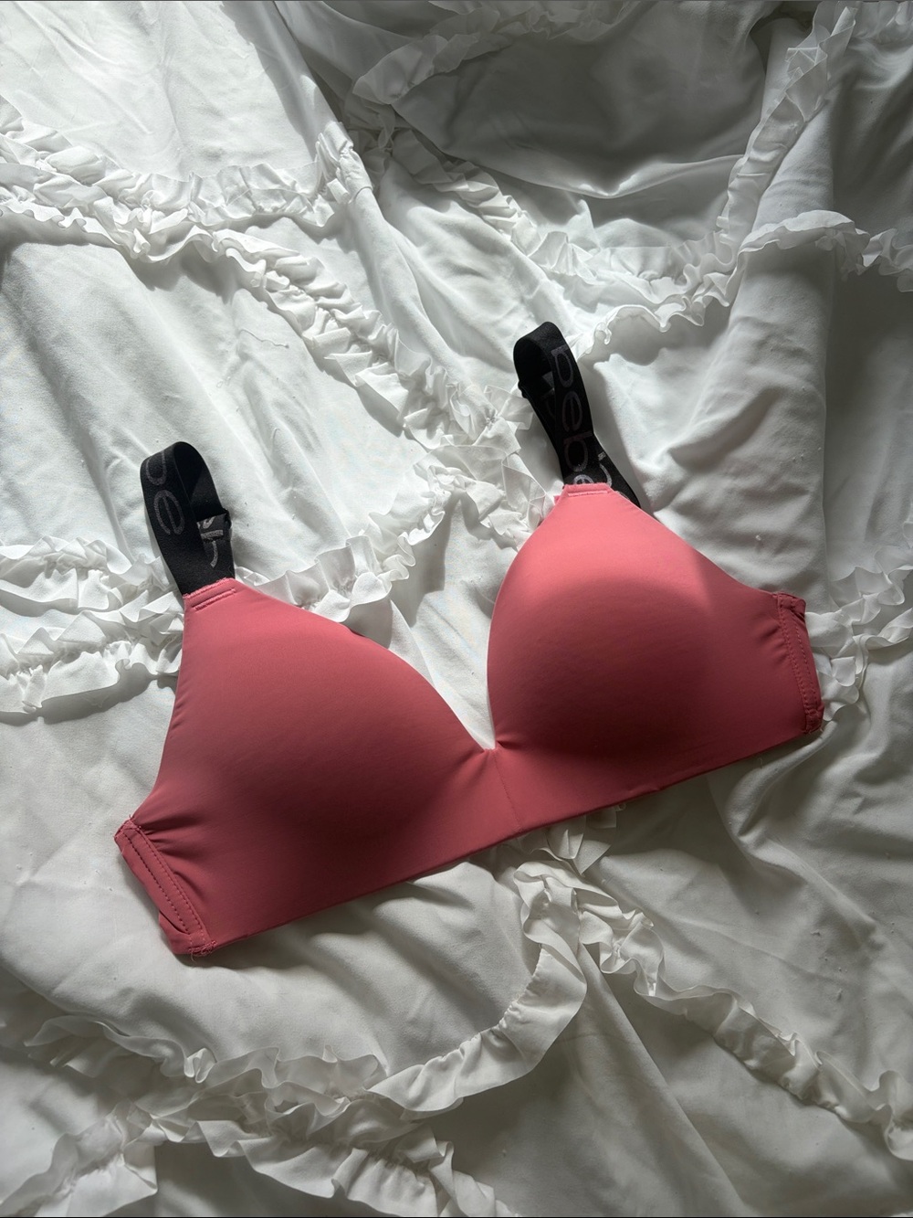 Bebe Seamless Pink T-Shirt Bra with Supportive Black Straps